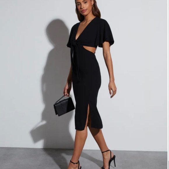 Linen Blend Tie Front Cutout Midi Dress - Picture 1 of 4